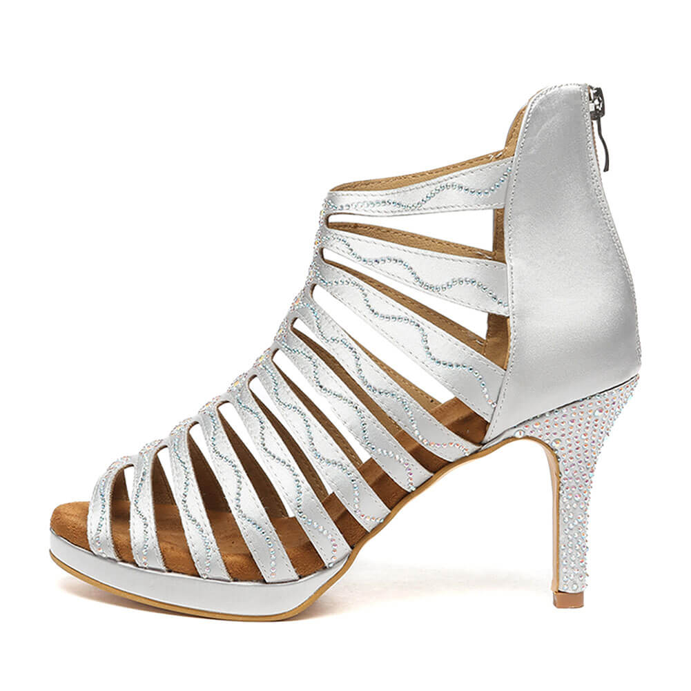 Stivali da ballo da donna dal design cavo in raso di cristallo