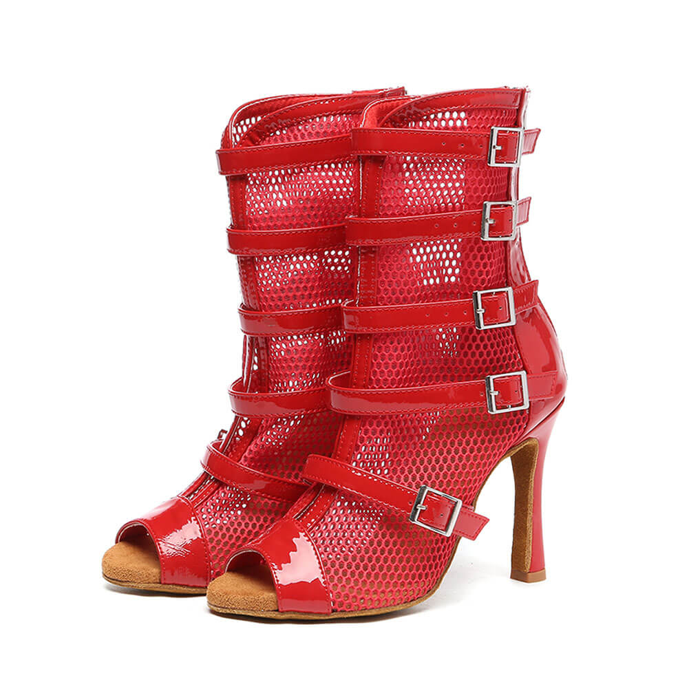 Stivali da ballo a rete da donna con rete con fibbia rossa