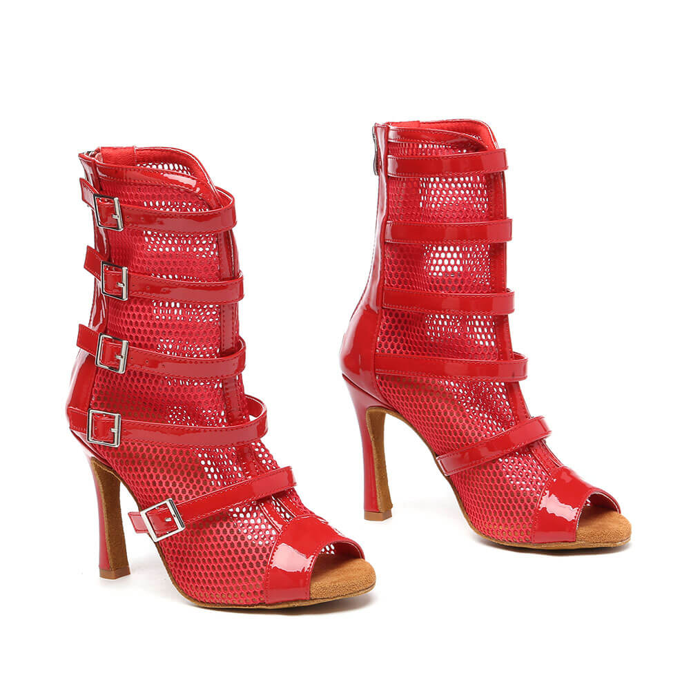 Stivali da ballo a rete da donna con rete con fibbia rossa