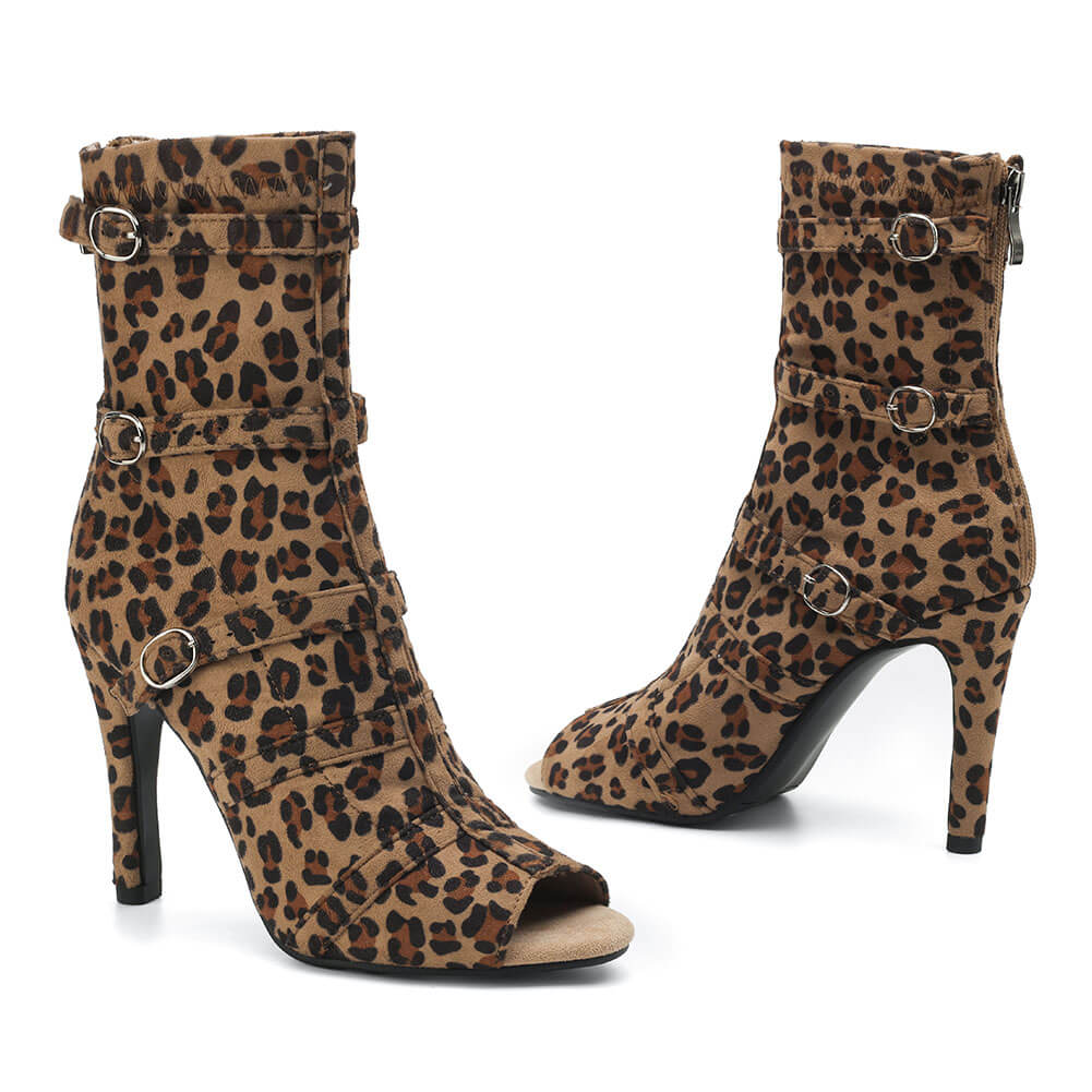 Leopard Print Open-toe Suede Dance Boots