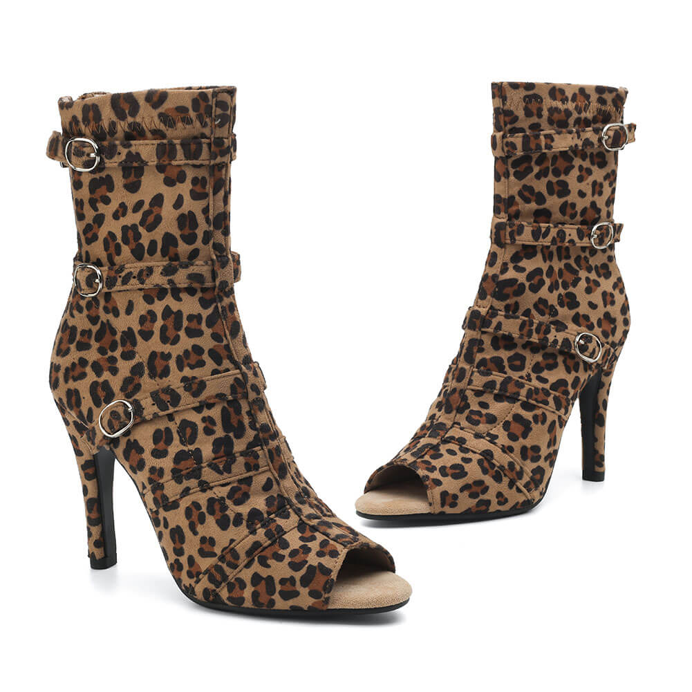 Leopard Print Open-toe Suede Dance Boots
