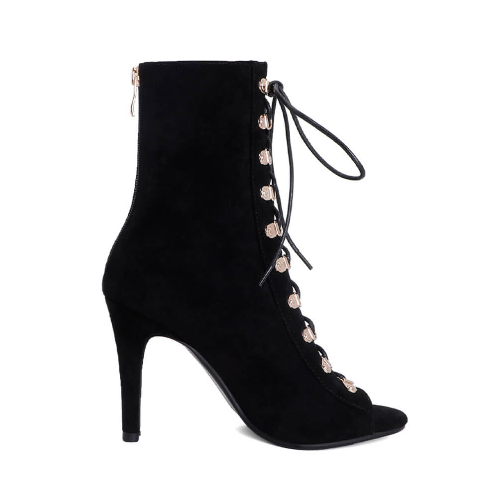 Stivali da ballo neri con punta aperta in pelle scamosciata e lacci