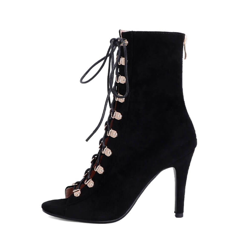 Stivali da ballo neri con punta aperta in pelle scamosciata e lacci