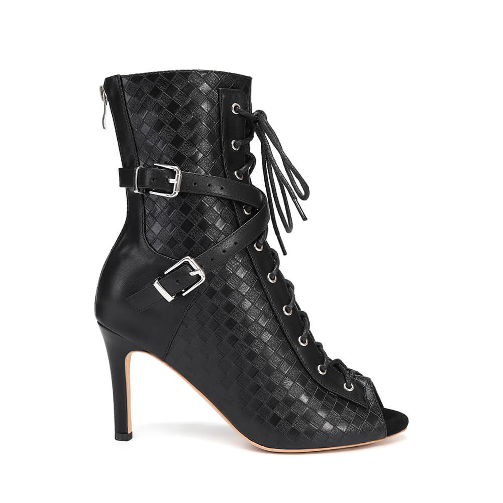 Stivaletti alla caviglia con lacci e punta aperta, stiletto, da donna