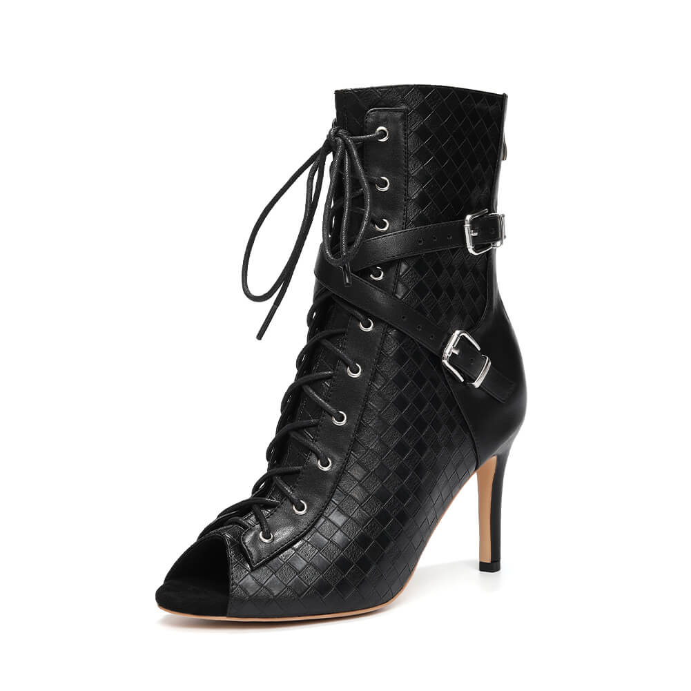 Stivaletti alla caviglia con lacci e punta aperta, stiletto, da donna