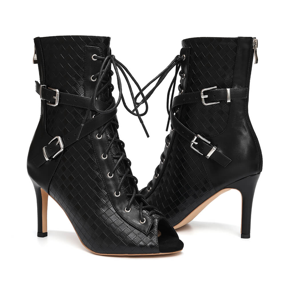 Stivaletti alla caviglia con lacci e punta aperta, stiletto, da donna