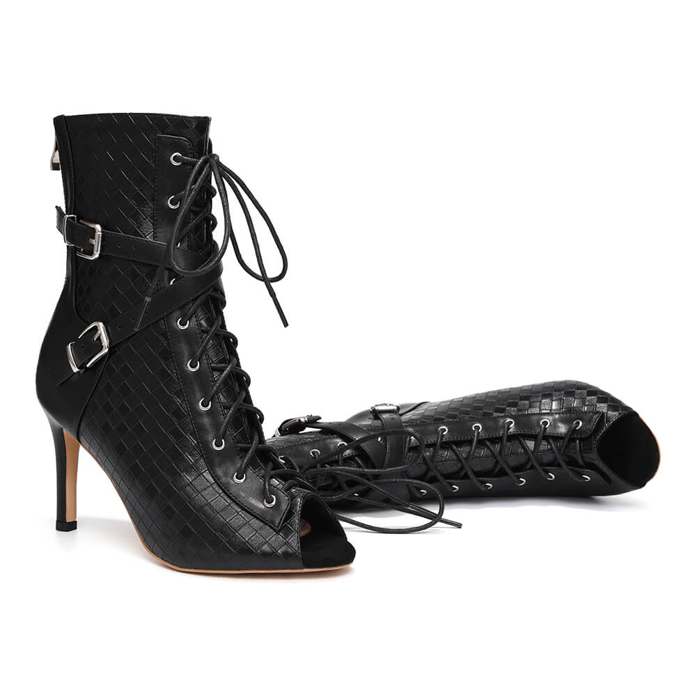 Stivaletti alla caviglia con lacci e punta aperta, stiletto, da donna