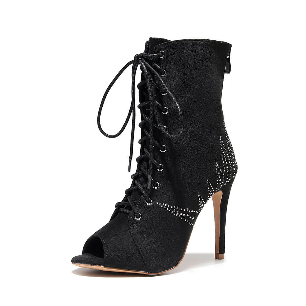 Stivaletti da ballo da donna stringati in raso con strass