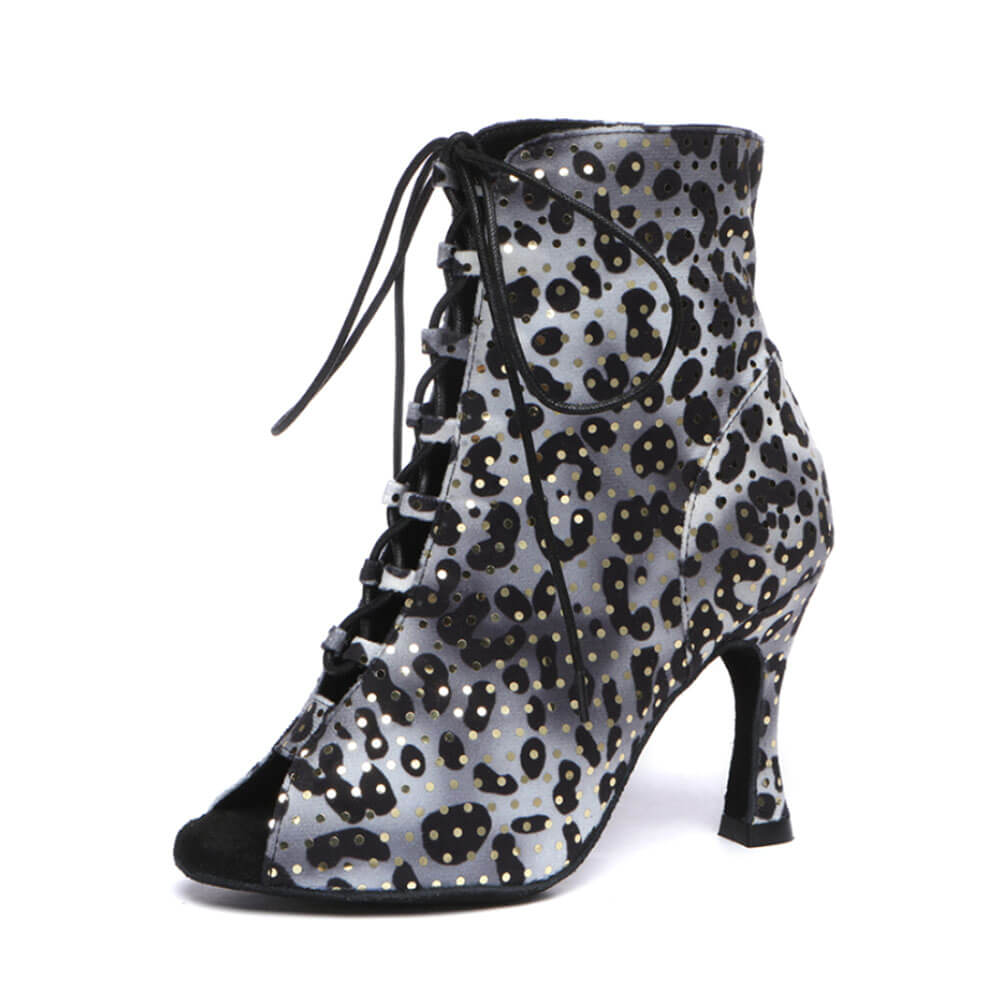 Women's suede leopard print lace-up dance boots