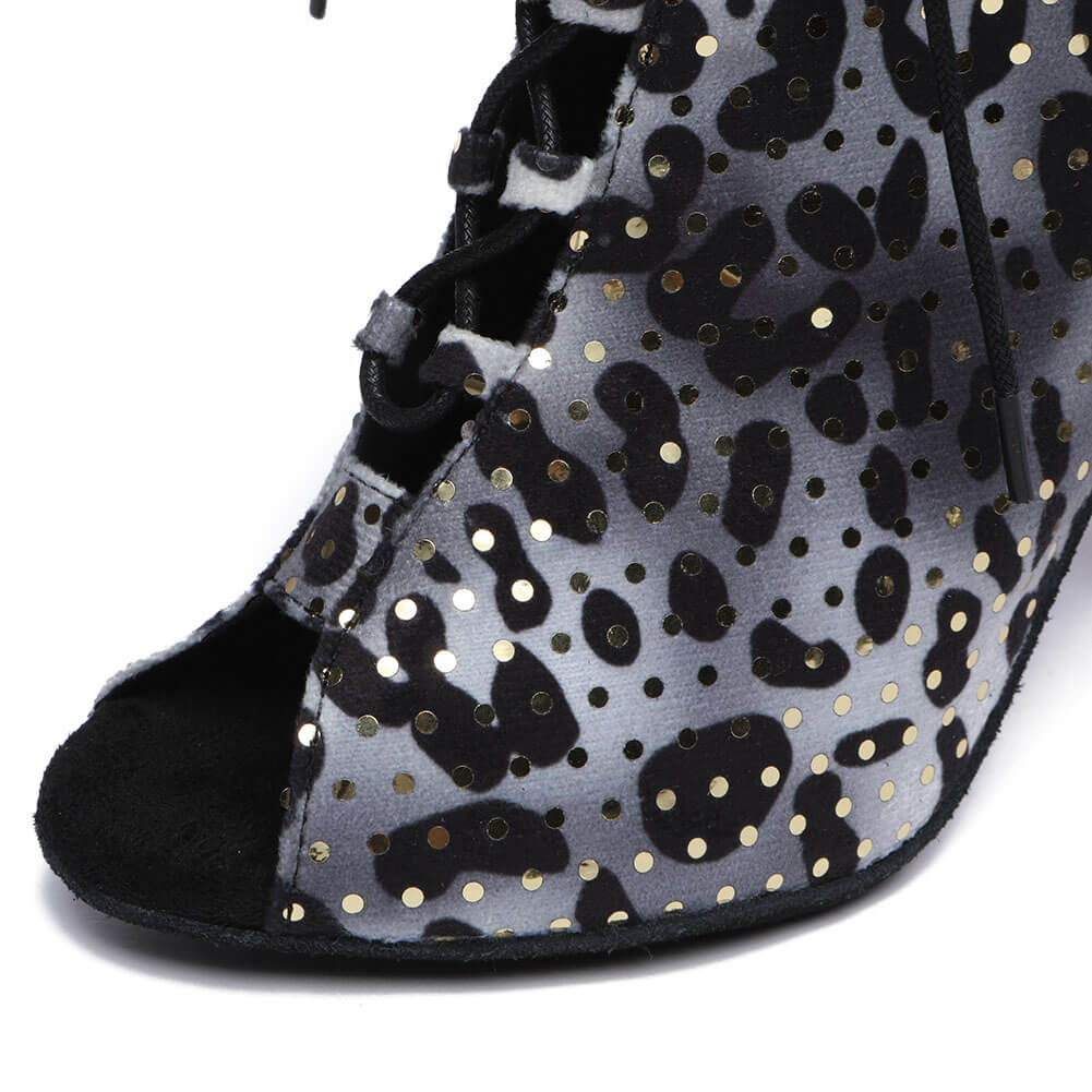 Women's suede leopard print lace-up dance boots