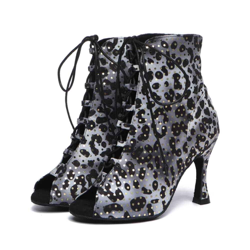 Women's suede leopard print lace-up dance boots