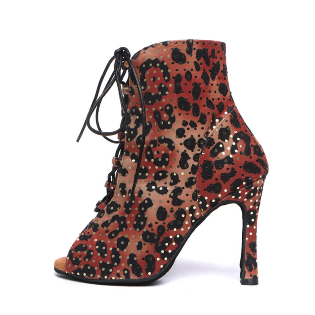 Stivaletti da ballo da donna stringati in camoscio con stampa leopardata