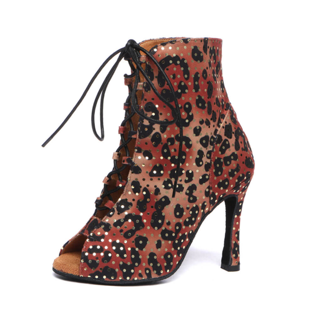 Stivaletti da ballo da donna stringati in camoscio con stampa leopardata