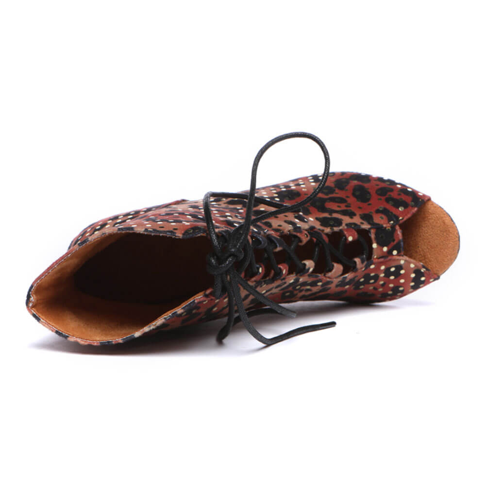 Bottines de danse femme à lacets en daim imprimé léopard
