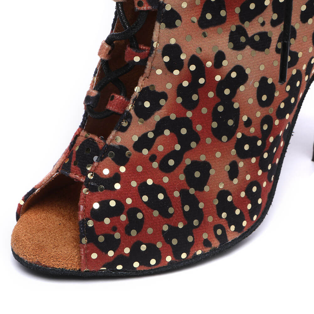 Stivaletti da ballo da donna stringati in camoscio con stampa leopardata