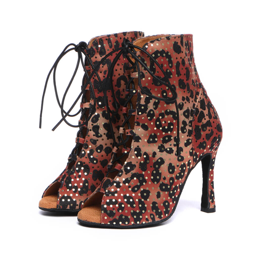 Stivaletti da ballo da donna stringati in camoscio con stampa leopardata