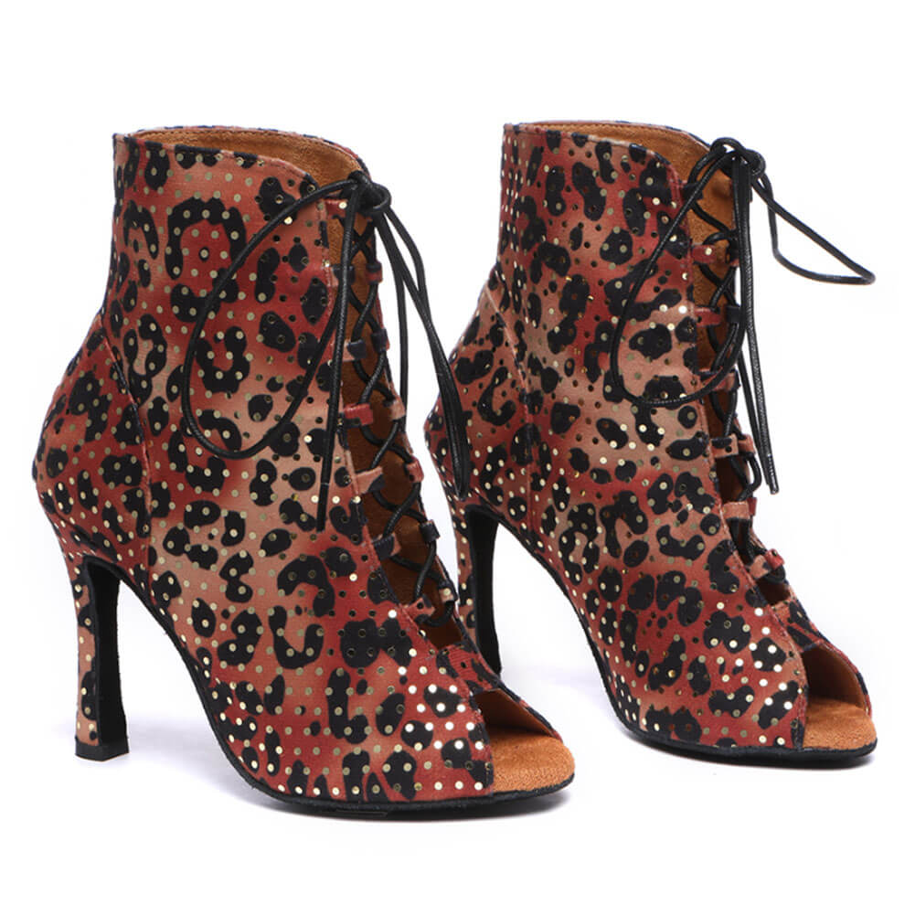 Stivaletti da ballo da donna stringati in camoscio con stampa leopardata